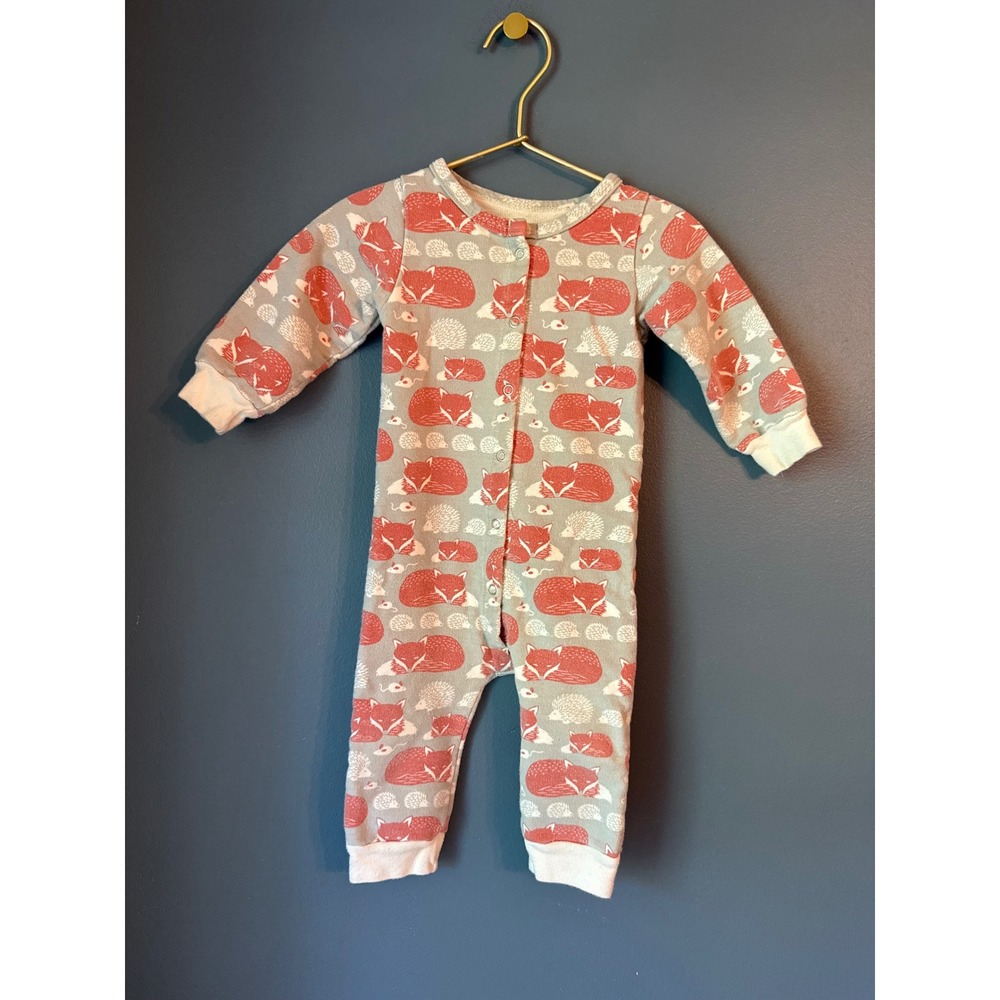 Winter Water Factory Fox Hedgehog Organic Cotton Romper 6M Gray Red Snap Up
